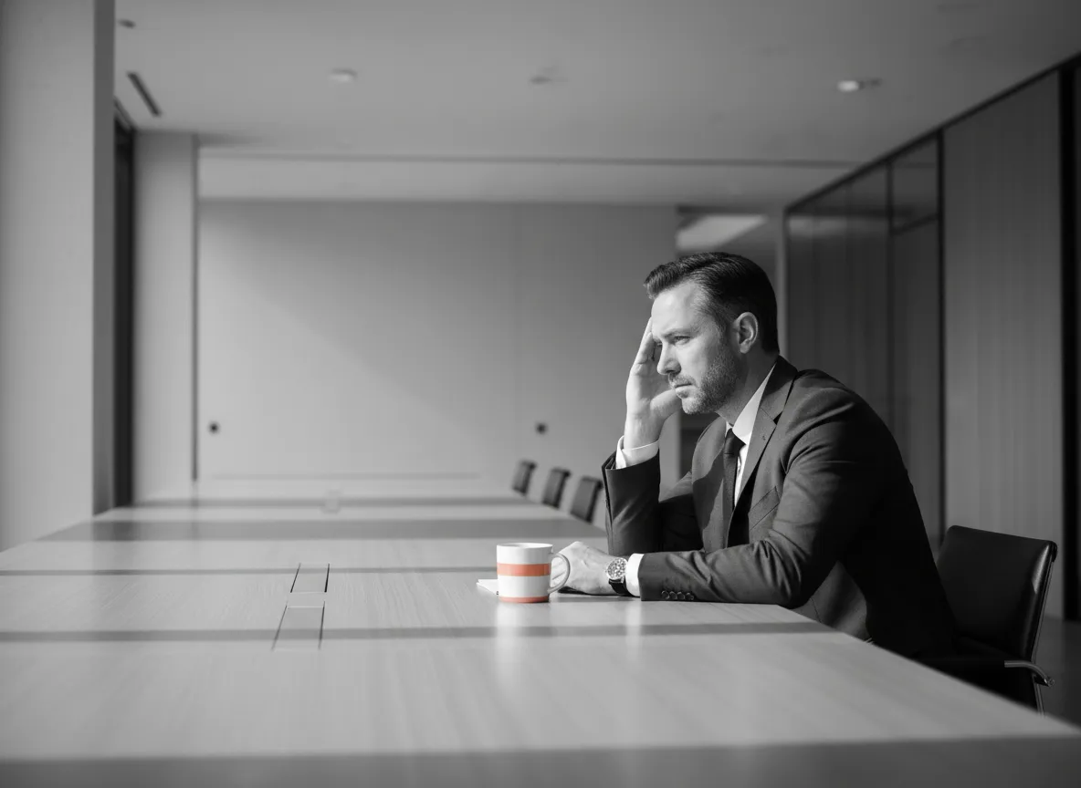 A realistic editorial-style photograph of a business leader sitting alone at a desk, visibly bored and mentally exhausted. Neutral black-and-white palette with a single accent of soft orange (#e36149) subtly placed on a small object (pen, notebook edge, mug). Modern office setting with soft shadows, minimalistic composition, contemplative mood. The leader leans on one hand, staring into the distance, embodying deep monotony and disengagement. High-resolution, clean lighting, cinematic framing, no text, no logos.