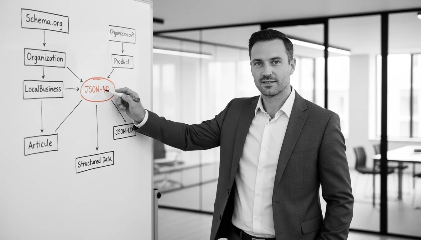 Expert digital présentant des schémas Schema.org — données structurées et optimisation GEO