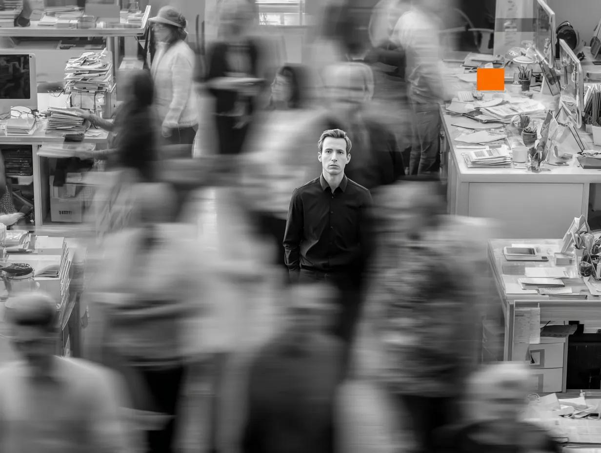 Illustration éditoriale sur le syndrome de l’imposteur et le doute professionnel, montrant un moment de réflexion intérieure comme point de départ de la croissance et du leadership.