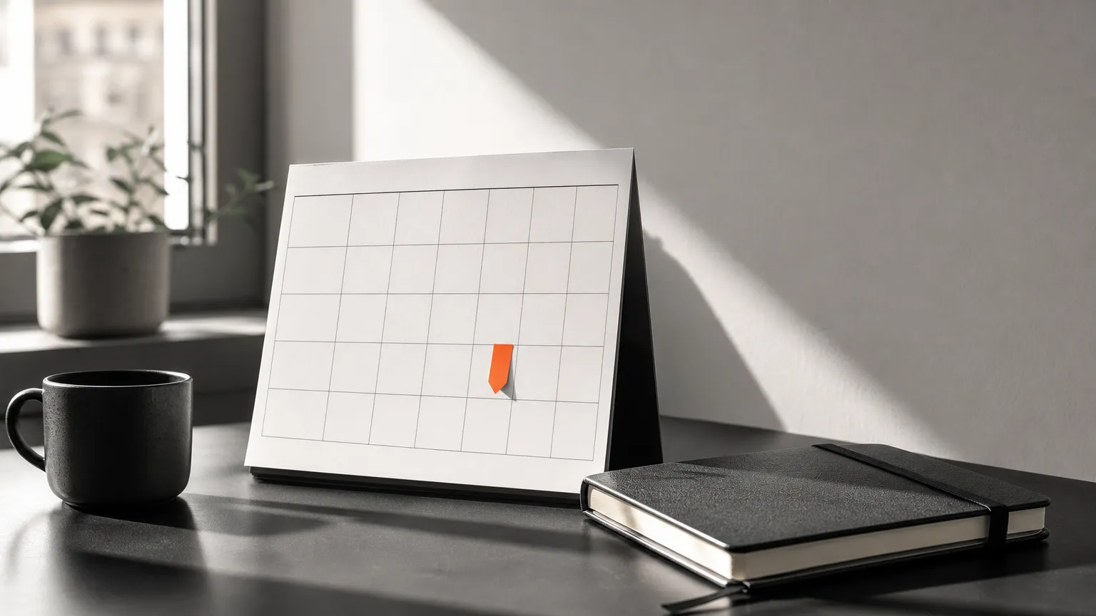 Calendrier éditorial posé en pause sur un bureau calme