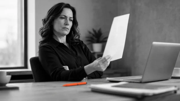 Professionnelle évaluant un document imprimé, illustrant les compétences IA de jugement