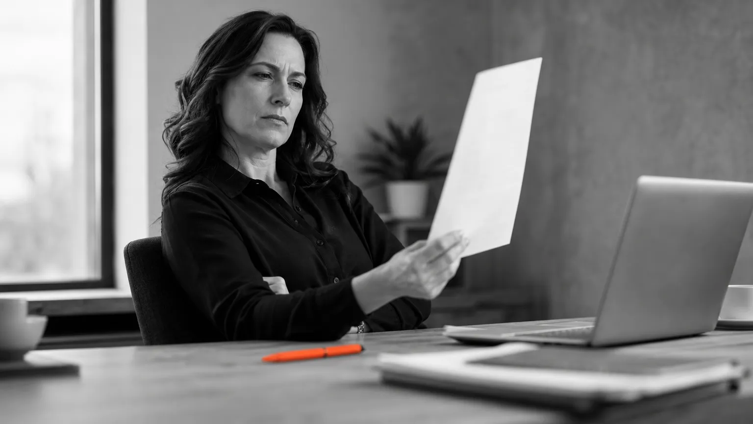Professionnelle évaluant un document imprimé, illustrant les compétences IA de jugement
