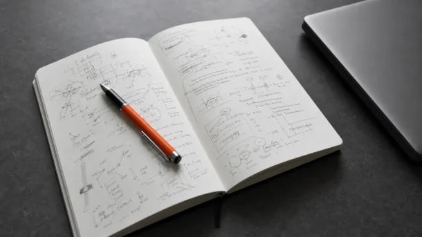 Un carnet annoté à la main posé à côté d'un ordinateur portable fermé