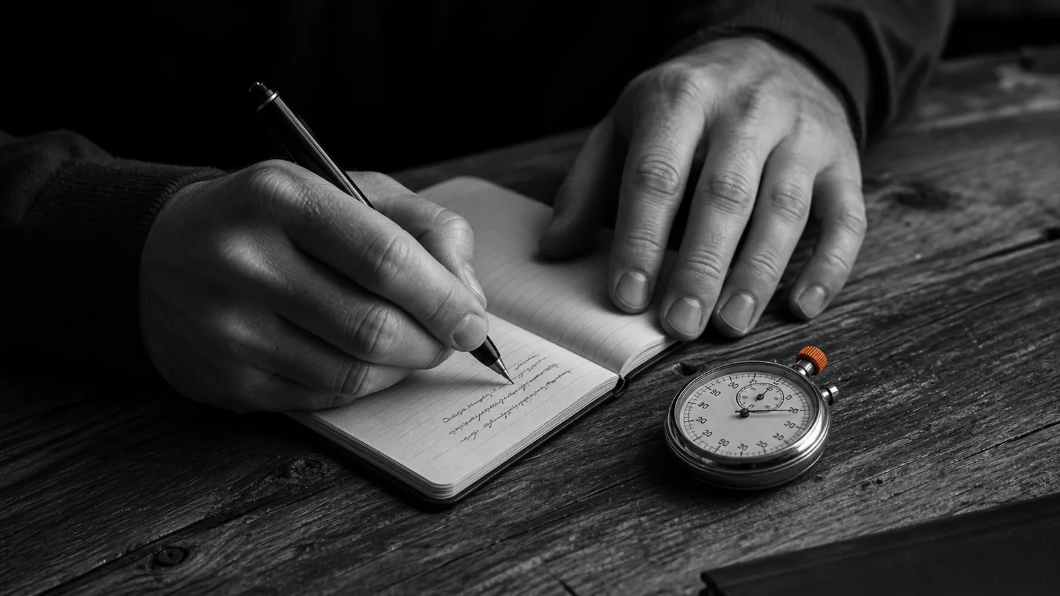 Des mains notant quelques lignes dans un carnet à côté d'un chronomètre
