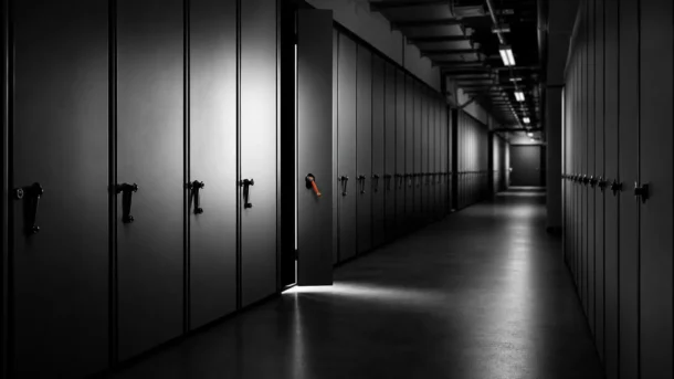 Couloir d'archives d'entreprise avec une seule porte entrouverte, image d'illustration sur l'IA et la connaissance interne