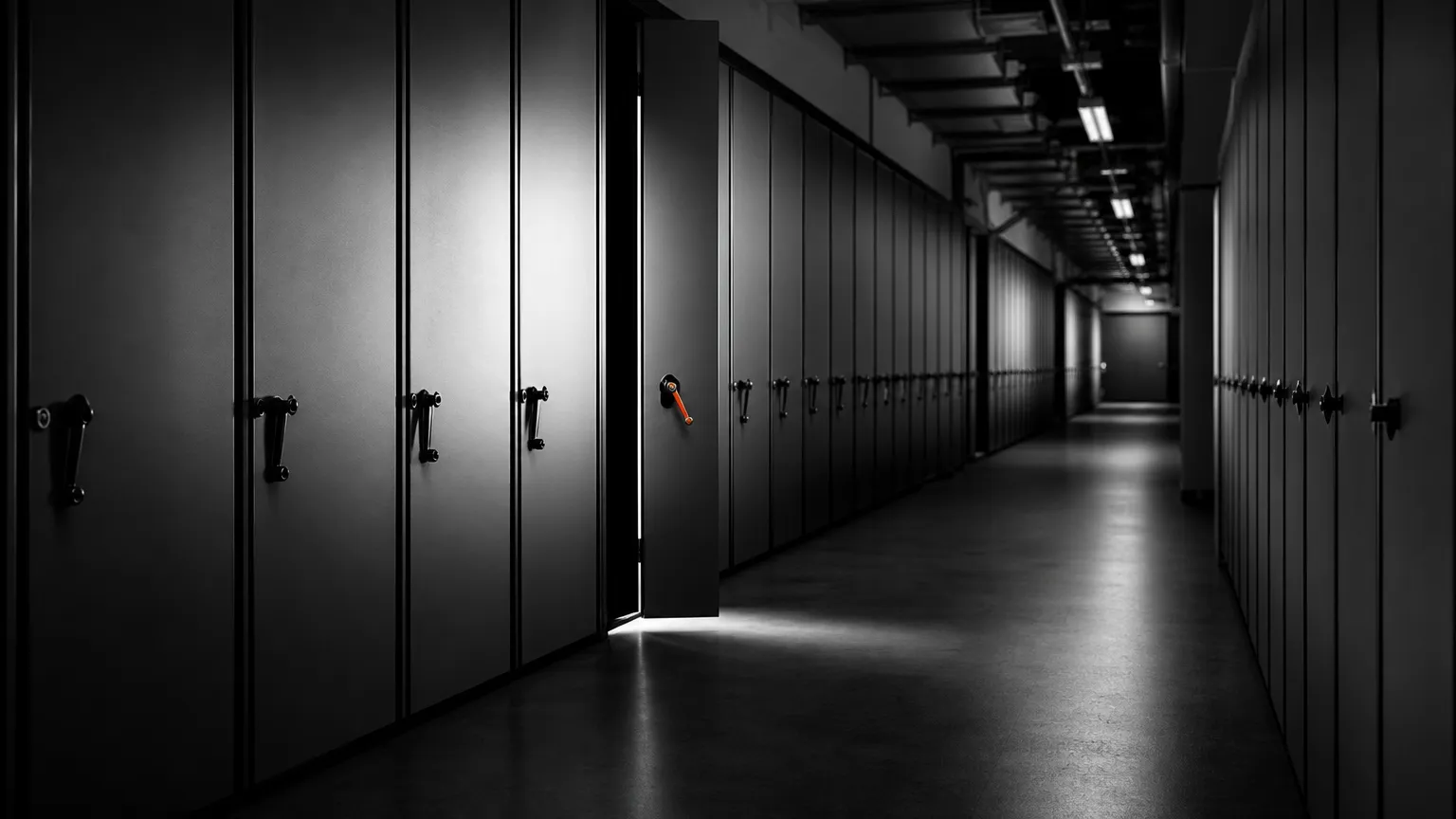 Couloir d'archives d'entreprise avec une seule porte entrouverte, image d'illustration sur l'IA et la connaissance interne
