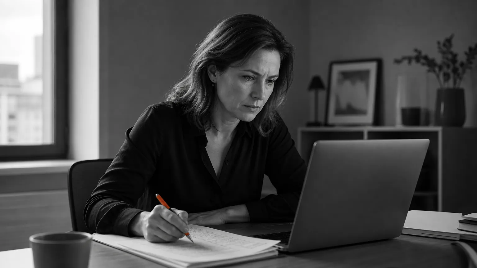 Professionnelle relisant une réponse d'IA issue de la connaissance interne, à côté d'un document annoté