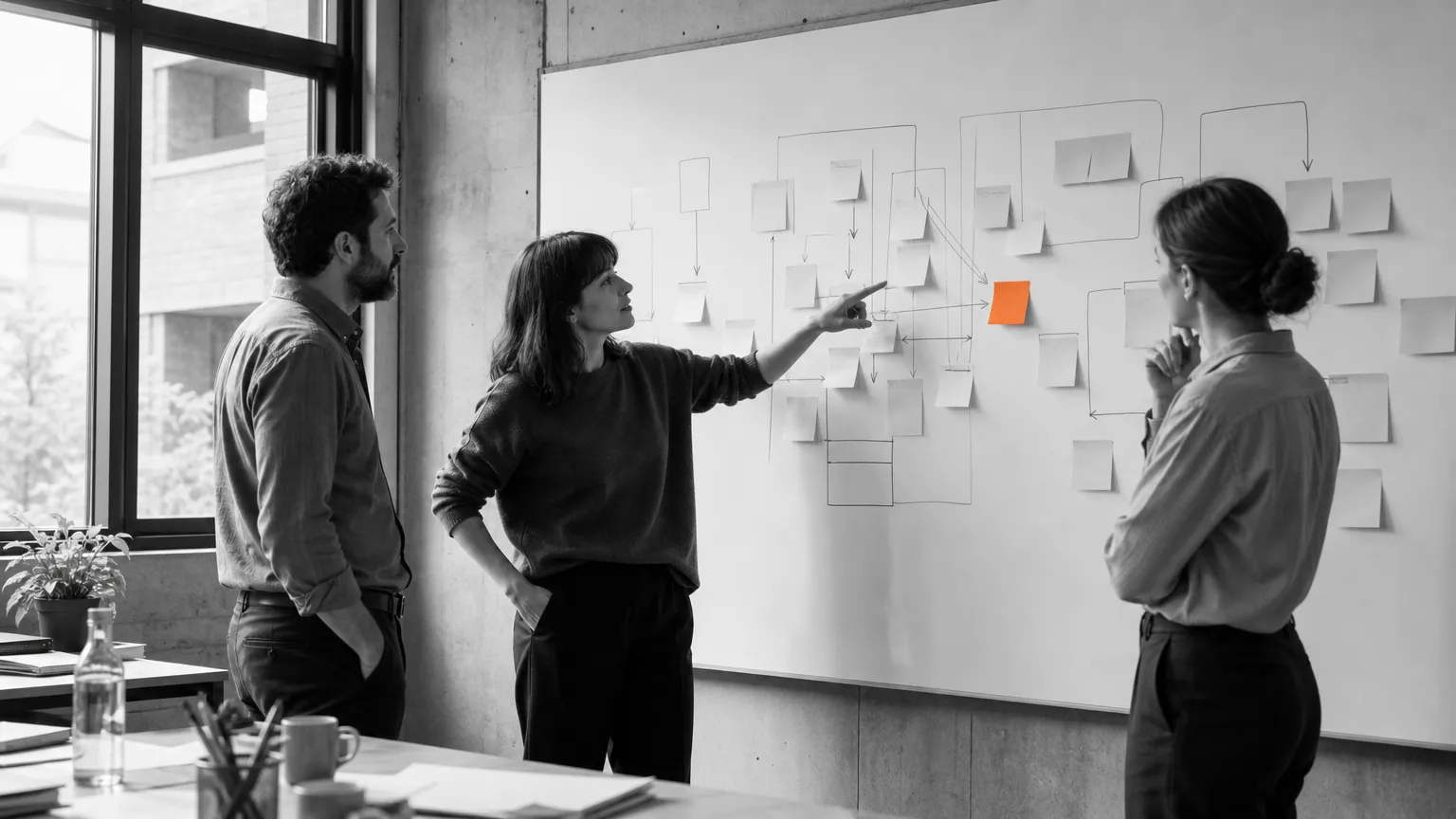 Atelier de travail autour d'un tableau blanc pour arbitrer les sources à connecter à l'assistant