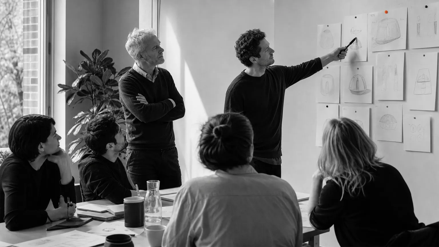 Un responsable pratique le leadership paradoxal : il écoute son équipe présenter des croquis épinglés au mur