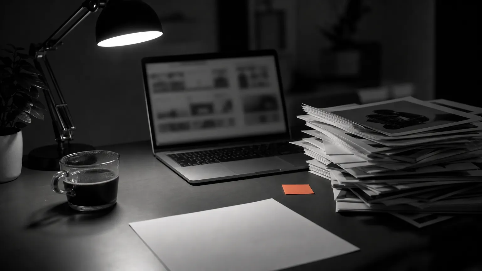 Un bureau d'indépendant tard le soir, une pile de fiches produit et une feuille vierge non signée