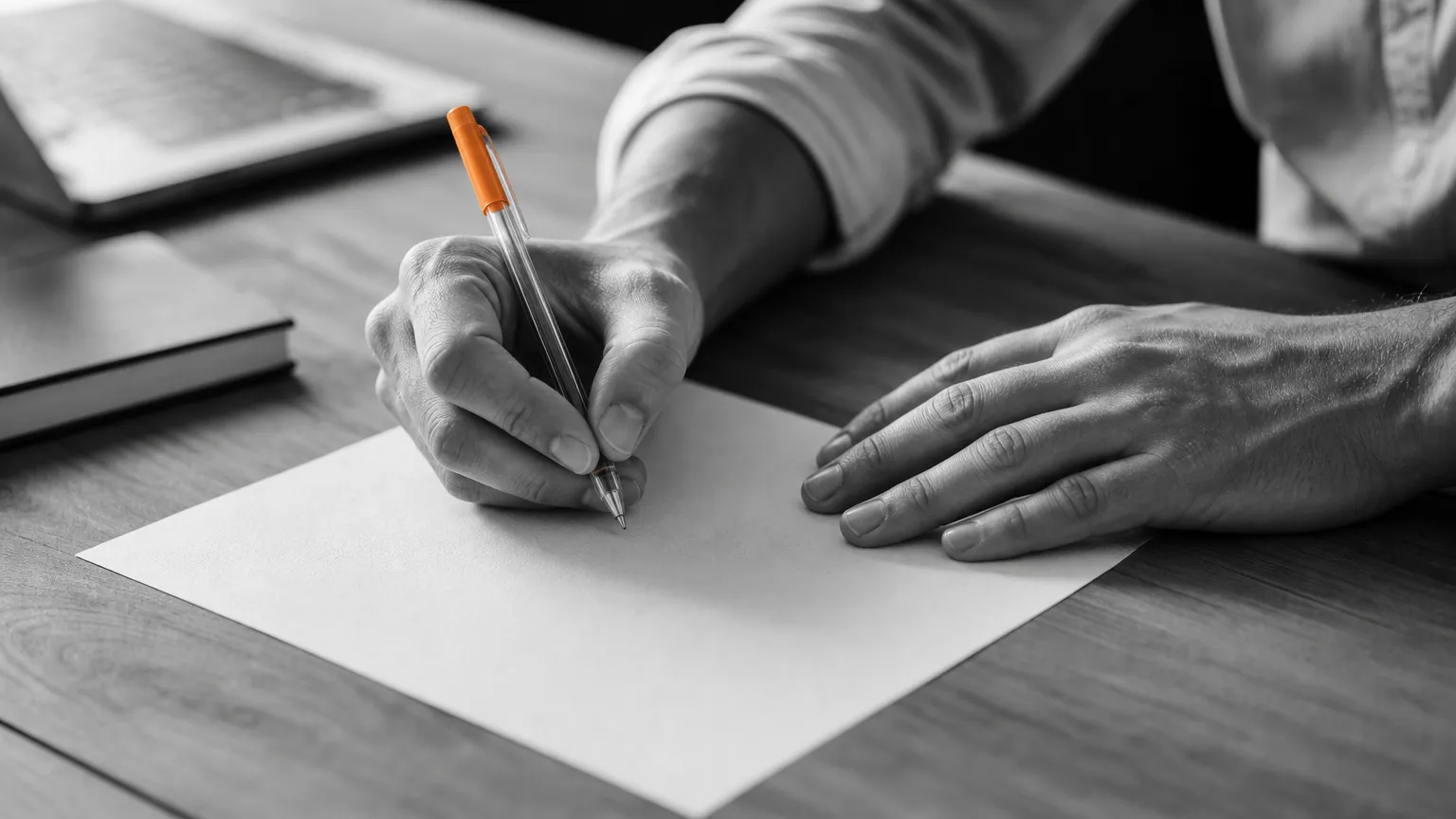 Des mains écrivent à la main le périmètre d'un projet sur une feuille, à côté d'un ordinateur